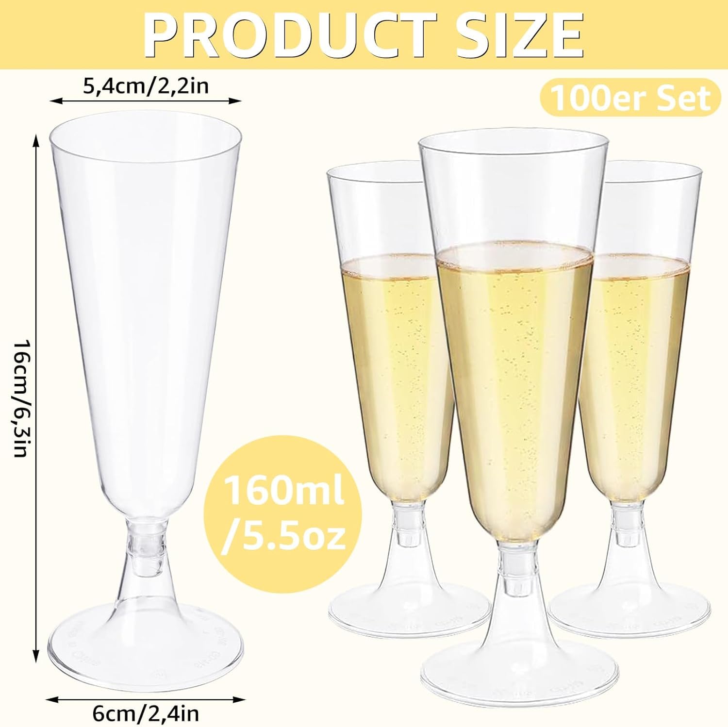 AKOLAFE 100 Stück Sektgläser Plastik 160ml Sektgläser Kunststoff Mehrweg Sektglaser Transparent BPA-frei Sektglas Stapelbare Champagnergläser für Hochzeiten, Geburtstage, Party