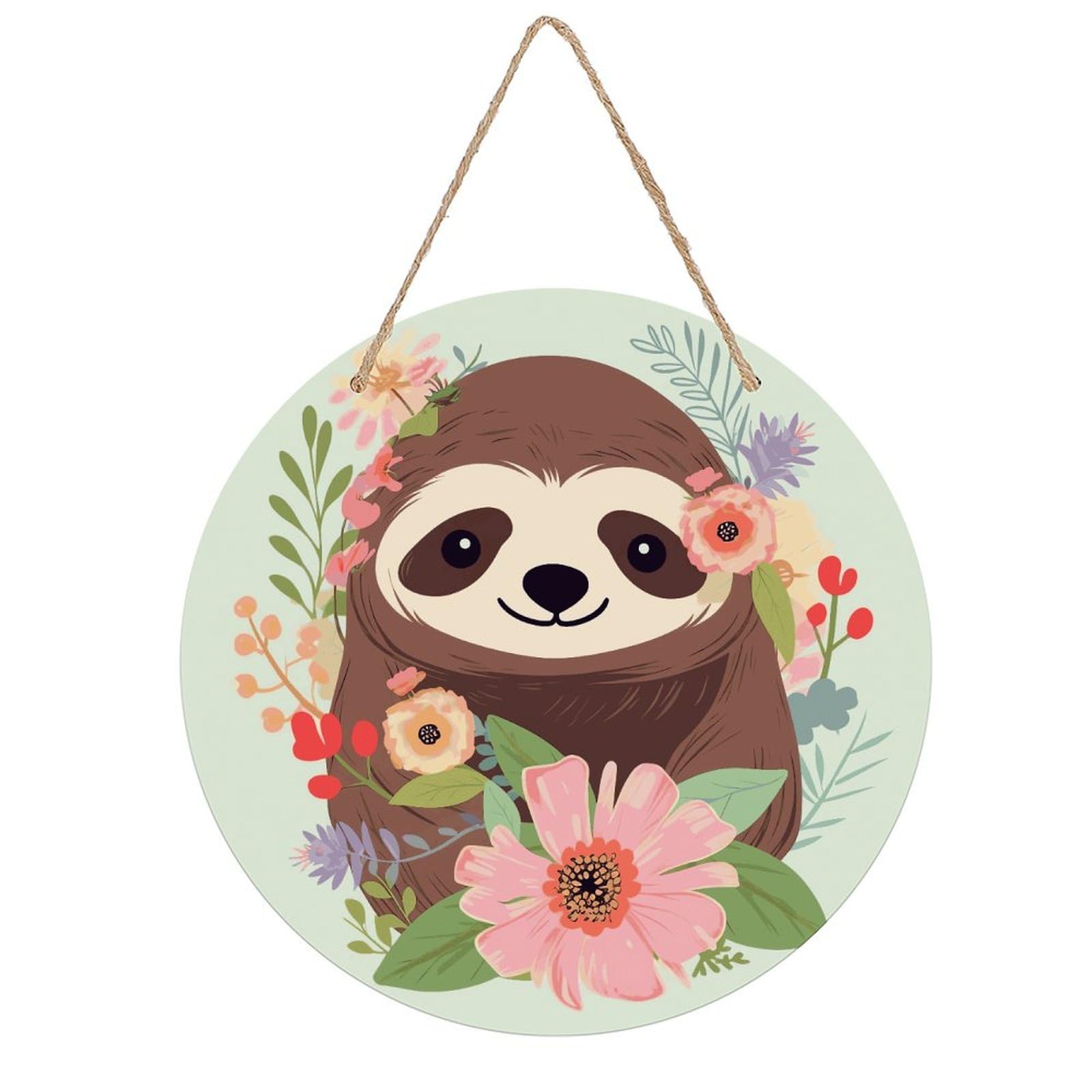 FekiLoot Sloth And Flowers Wall Art Decor Rustic Welcome Sign Round Wood Hanging Sign Decoration Wood Plaque Door Hanger Wooden Signs Wall Hanging Decor Housewarming Gift for Home Outdoor Indoor
