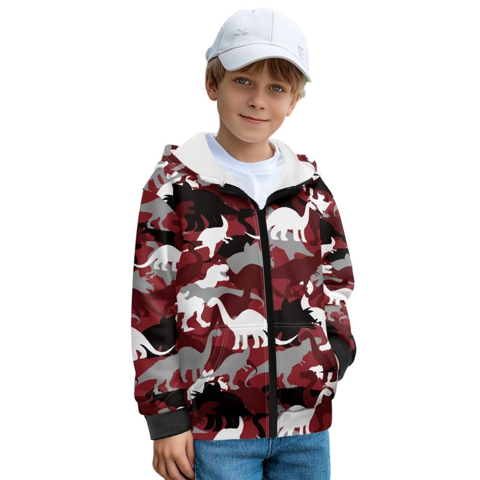 Xoenoiee Dziecięce bluzy z kapturem dla chłopców, zapinana na zamek, bluza 3D, fajna grafika zwierzęca, sweter z długim rękawem, top na jesień i zimę, Czerwone abstrakcyjne dinozaury, 12-14 Years