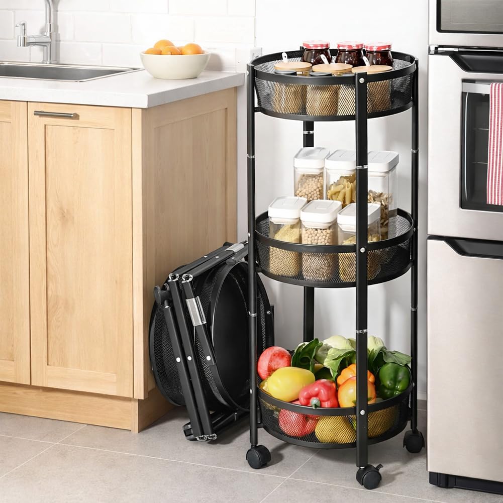 BAKAJI Carrello Pieghevole Salvaspazio Tondo a 3 Ripiani in Metallo, Carrellino Richiudibile Ergonomico Rotondo, Organizer 88 x 35 cm Ideale per Bagno, Cucina, Ufficio con 4 Ruote (Nero)