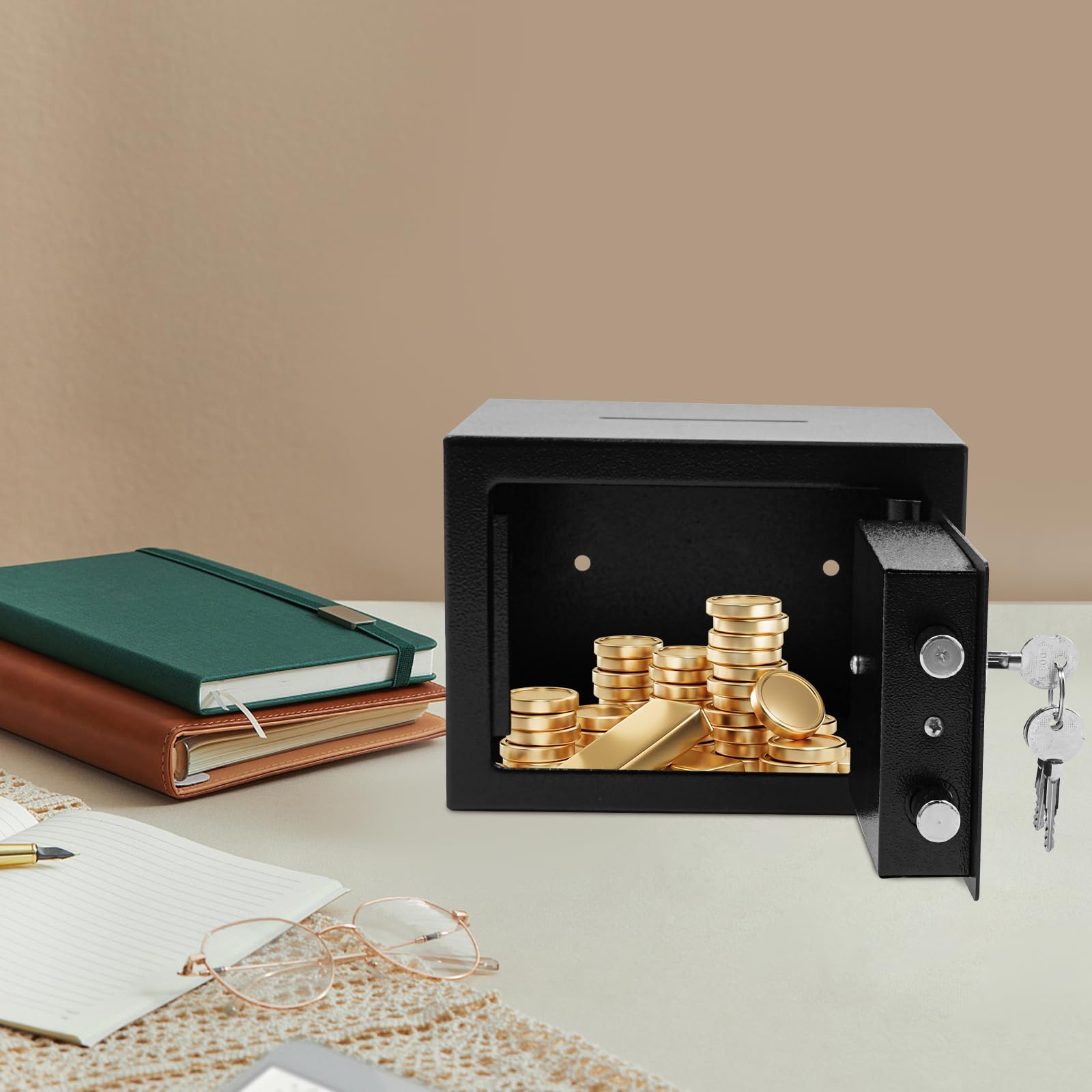 Petit coffre-fort mural avec fente et serrure mécanique, 23 x 17 x 17 cm, pour la maison et le bureau, rangement, argent et bijoux (noir)