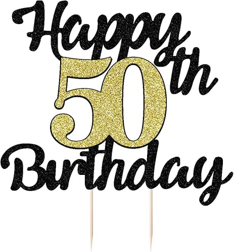 Miniatura 2 de Decoración de pastel de feliz cumpleaños, fuente negra, números dorados, 50 cumpleaños, decoración de fiesta de cumpleaños (50)