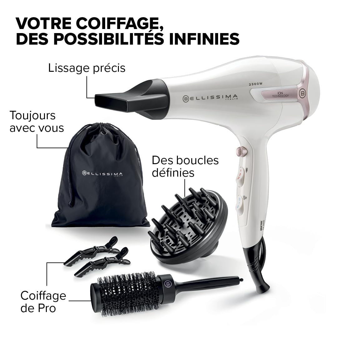 Bellissima Kit Sèche Cheveux Professionnel 2300W Blanc et Rose - Séchage Rapide, Chaleur Maîtrisée - Adapté Tous Types Cheveux - Accessoire Coiffure, Brushing - Brosse Ronde, Diffuseur Inclus
