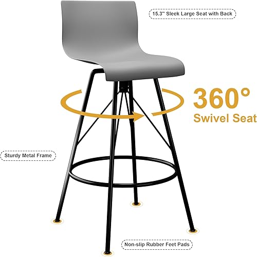 Miniatura 7 de Awonde Juego de 4 taburetes de bar giratorios de 26 pulgadas con respaldo, sillas de bar modernas, asiento de plástico gris, patas de metal