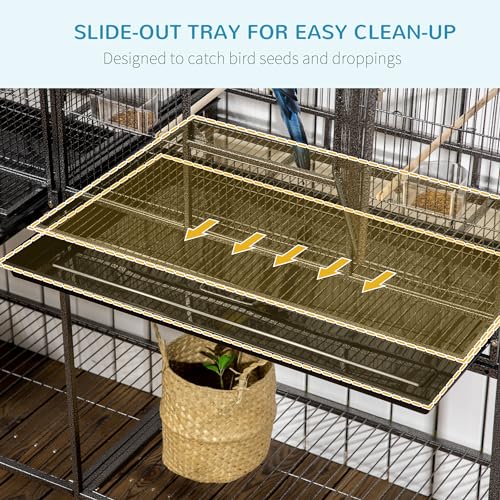 PawHut-65-Double-Rolling-Metal-Bird-Cage-Feeder-with-Detachable-Rolling-Stand-Storage-Shelf-Wood-Perch-Food-Container