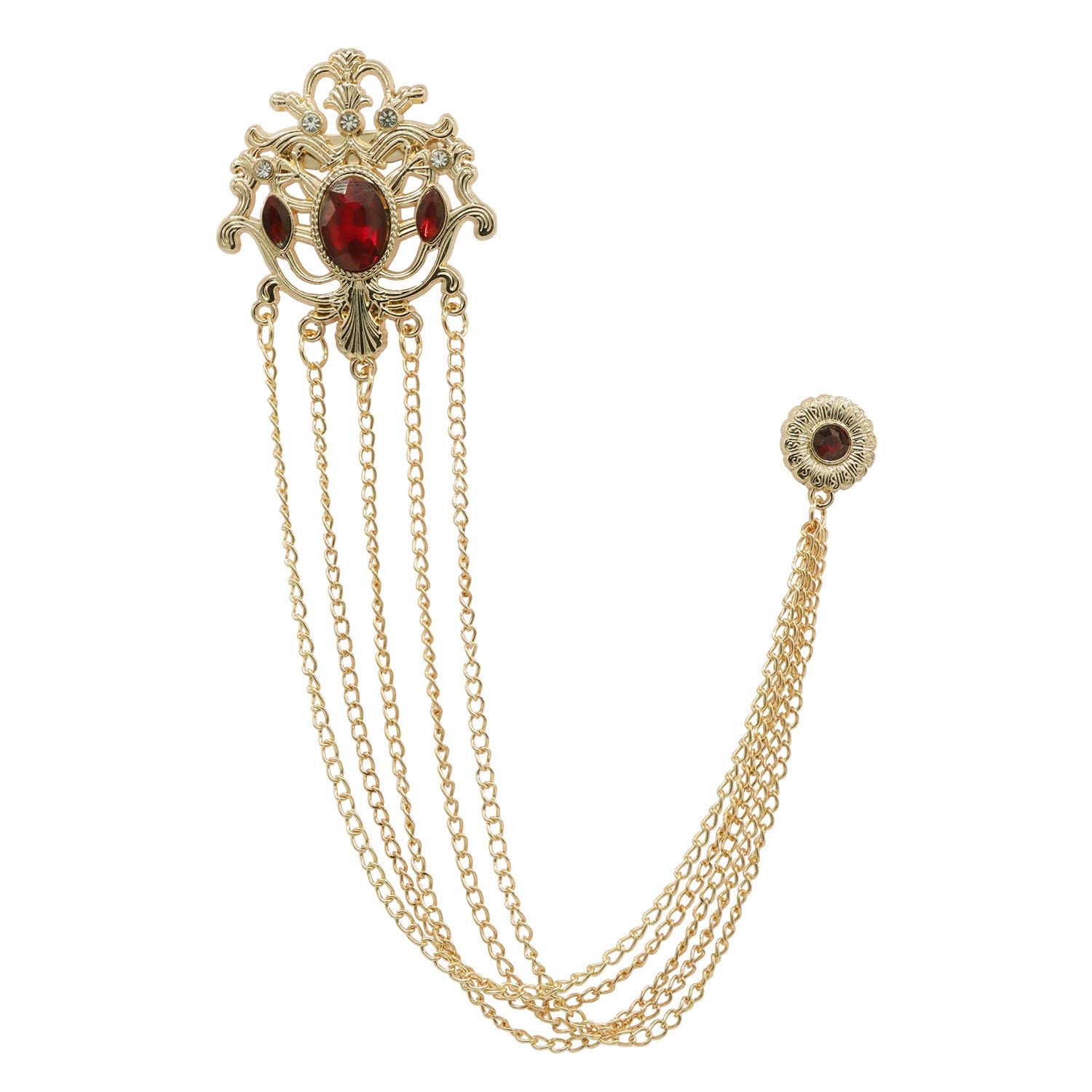 5 Layers Floral Chain Brooch with Glittering Rhinestone Sherwani/Kurta Brooch for Mens, Medium, Zinc, no gem stone