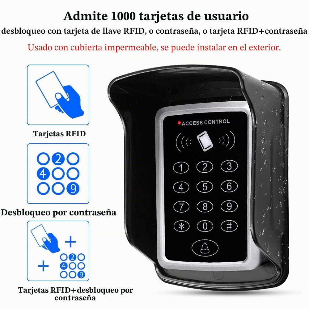 Kit de Sistema de Control de Acceso de Puerta Impermeable Teclado RFID Lector de Tarjetas 125KHz + Fuente de Alimentación DC12V 3A + 15pcs Llavero, Sin Cerraduras Eléctricas