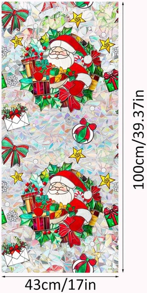 JOONOR Retro Christmas Window Privacy Film,Stained Glass Window Film Christmas Santa Claus Privacy Rainbow Decals Living Room Sun Blocking Decor Removable Static Cling Stickers,16.93 x 39.37 Inch image 5