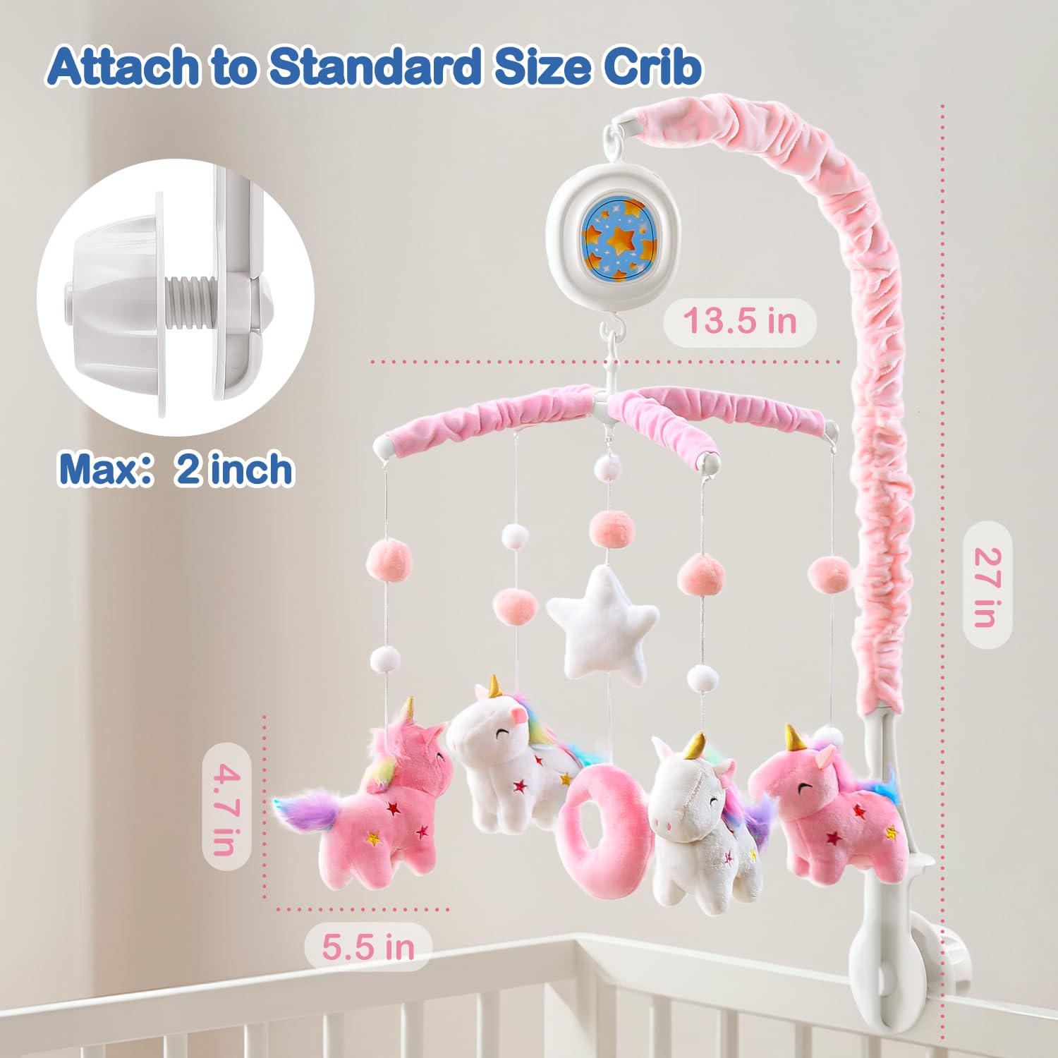 Unicornio bebé móvil cama para niñas con caja de música (más de 100 canciones de cuna), cama de peluche giratoria para recién nacidos y bebés, regalo para baby shower