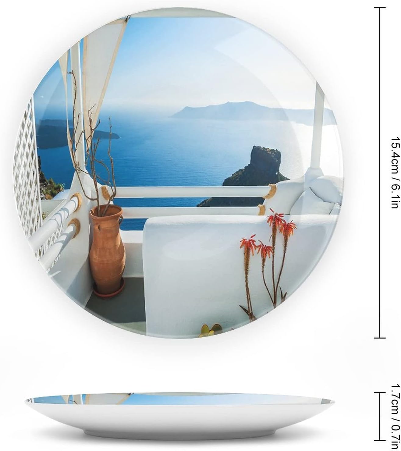 7 Inch Decorative Plate,European Porcelain Plate, Holiday Terrace with Sea at Sunset on Santorini Island Greece Print Ceramic Wall Hanging for Home Office Party Dinner Table Decor, Turquoise and Blue