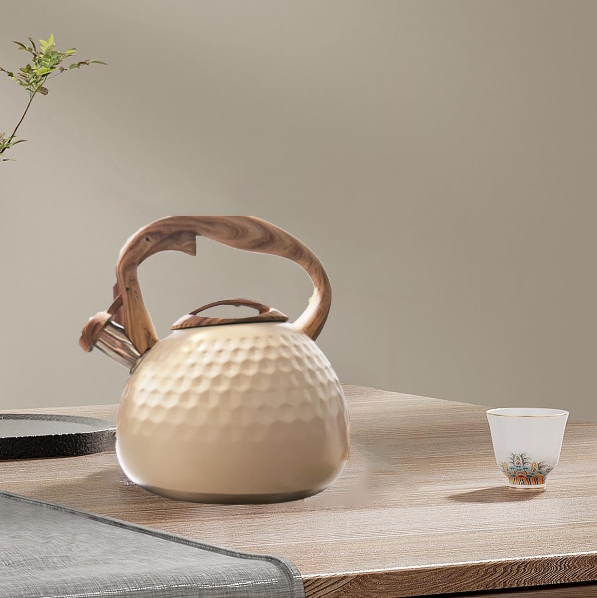 Bollitore retrò in acciaio inox, 3 l, color crema, con manico in legno, Herdarte