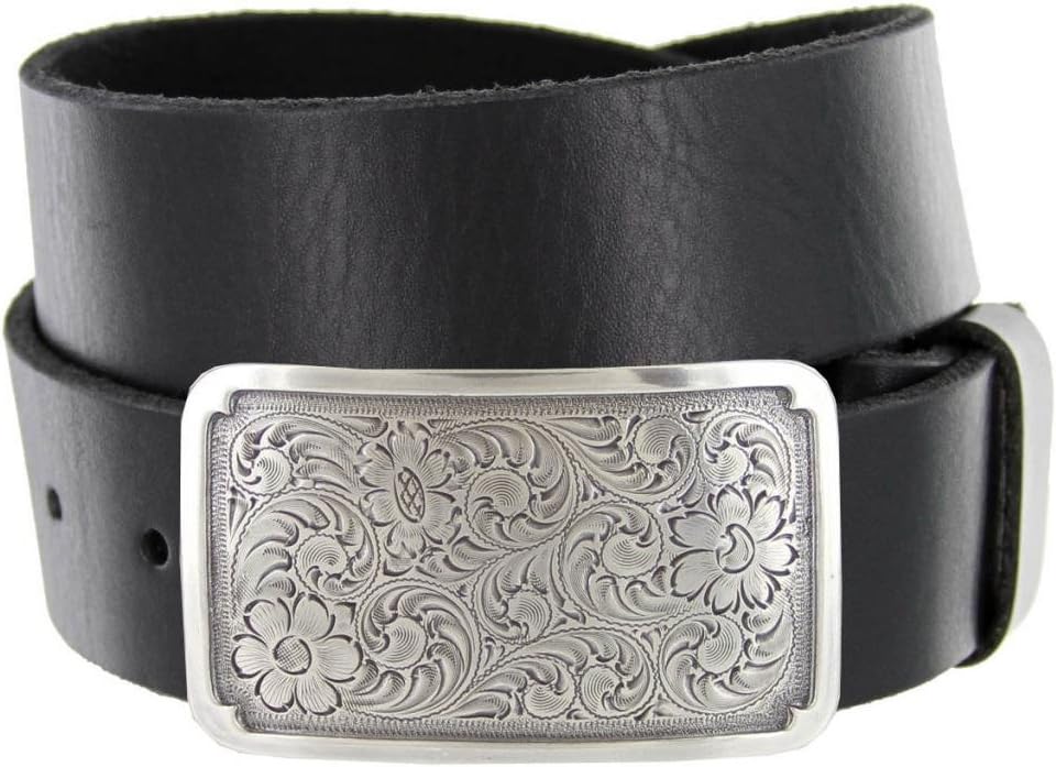 Silver Engraved Square Western Full Grain Leather Casual Jean Belt