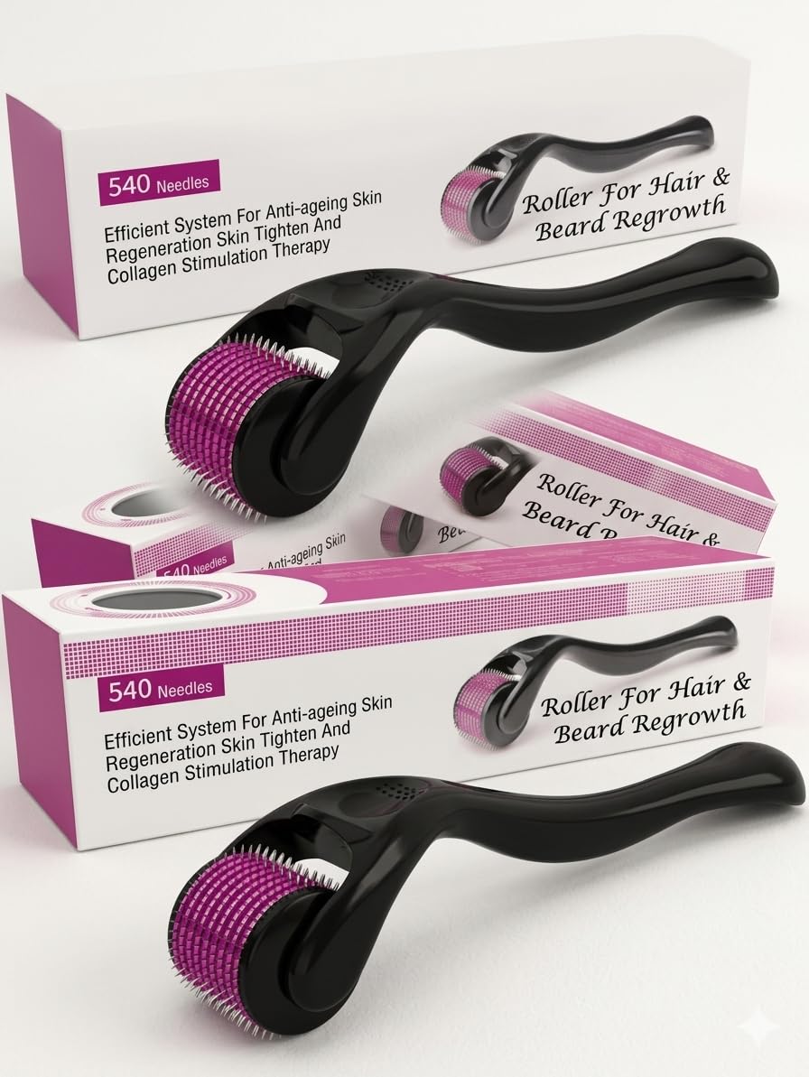 Derma Roller System with 540 Titanium Microneedles, 0.5mm, for Hair Regrowth, Beard Growth, Skin Rejuvenation and Acne Scars (BLACK, Pack of 2)-image-10