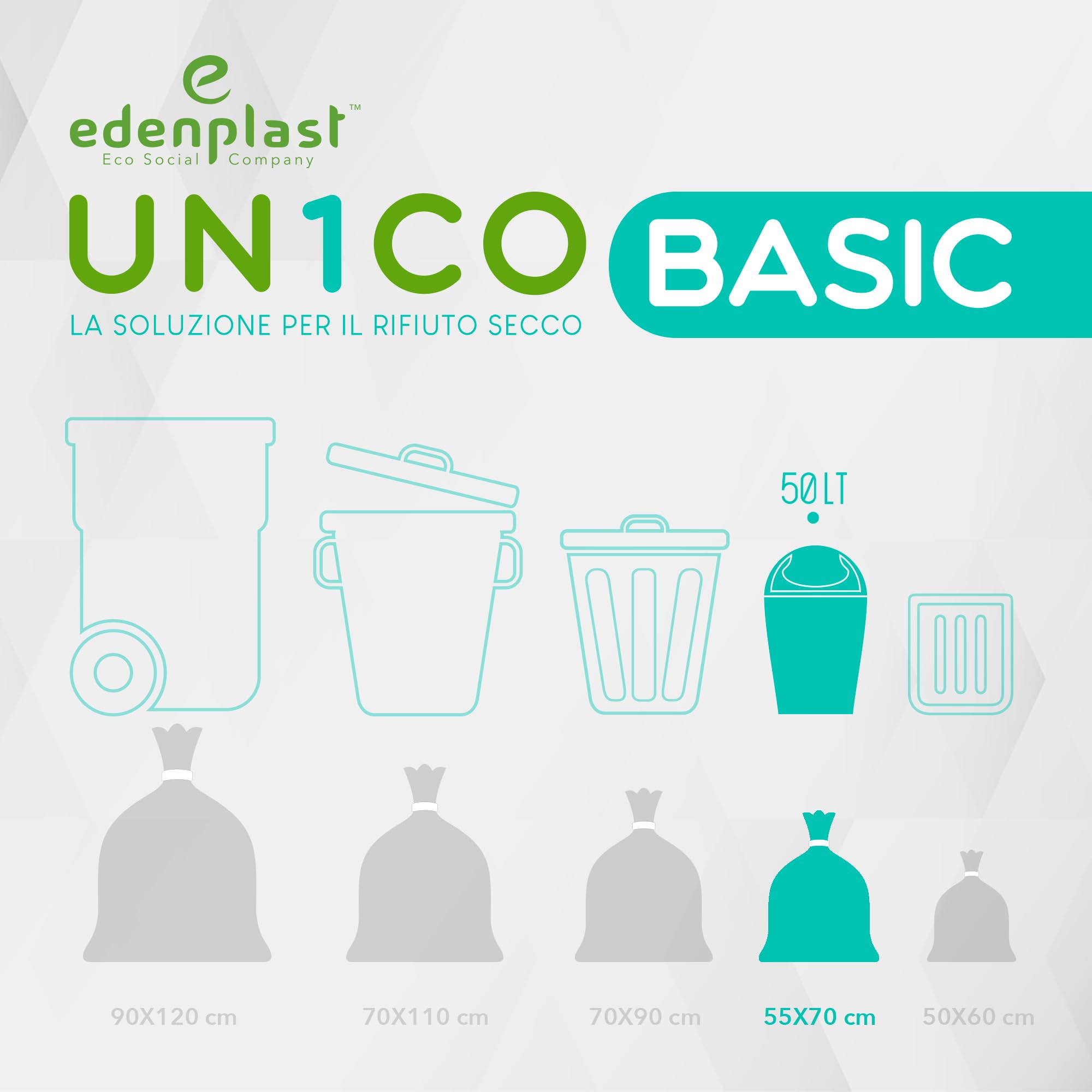 UN1CO BASIC Sacchi Spazzatura Trasparenti 50L - 55x70 cm - Sacchi Raccolta Differenziata Rifiuto Secco - Antigoccia - 100% Polietilene Riciclato - 16 Rotoli da 30 sacchi