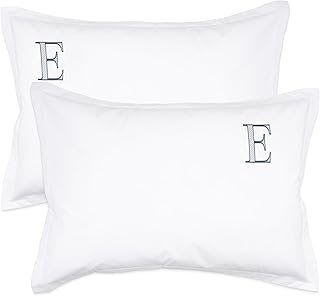 Monogrammed Pillow Shams - Elegant Decorative Pillow Covers with Signature Embroidery - Crisp & Cooling Cotton Percale - Personalized Embroidered Design - US Standard Pillowcase Size in White - E