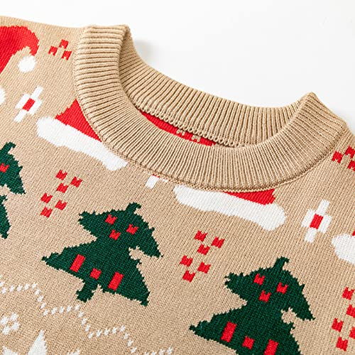 Xmas Cartoon Prints Sweater for Kids Toddler Girl Boy Warm Crewneck Knitted Pullover Fall Winter Casual Sweater (Beige, 5-6 Years)4