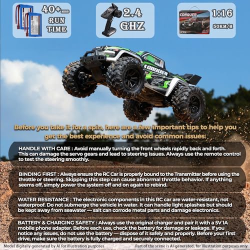 Image of RC Cars 1:16 Remote Control Car 50 KMH High Speed Fast 4WD RC Truck for Kids Adult Boy Toys 2.4 GHz All Terrains RC Buggy Off-Road Drift RC Monster Trucks with 2 Rechargeable Batteries (Red)
