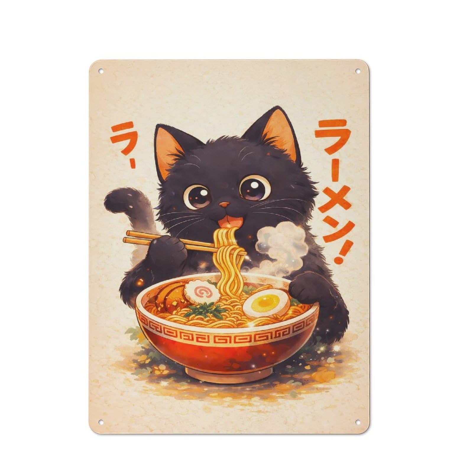 Junmoney Style-23 Country Style Kitchen Metal Sign 40X30cm Featuring Black Cat Eating Ramen(2), Diner Style Decor For Kitchen, Cafe, Pantry Or Dining Room