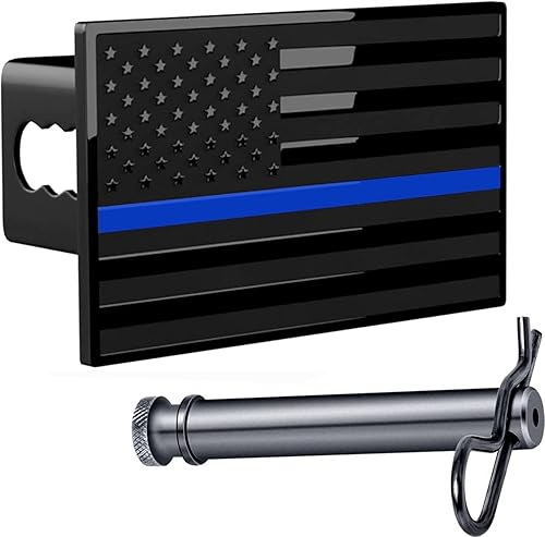 Miniatura 13 de Cubierta de enganche de metal con bandera negra estadounidense de 5 x 3 pulgadas (se adapta a receptor de 2 pulgadas, negro con línea azul)