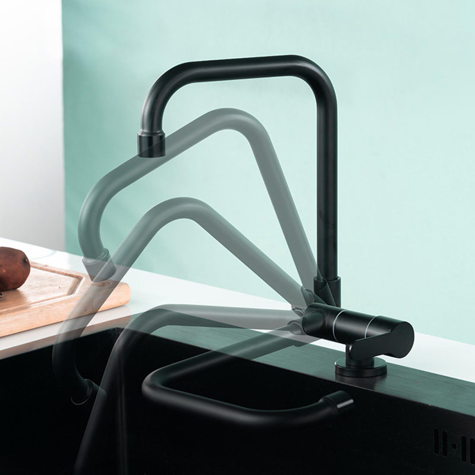 Grifo Cocina Abatible bajo Ventana Solo Agua Fría Negro Grifo Fregadero Cocina Plegable Giratorio de 360° Acero Inoxidable-Negro