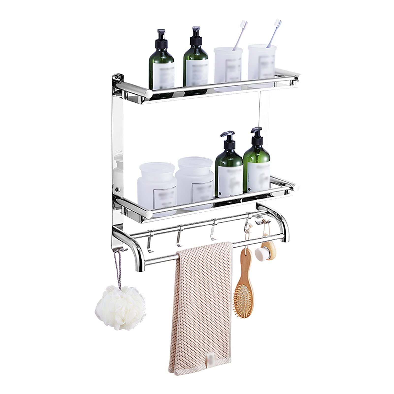 TOMYEUS Shower Caddy Bathroom Shelf 2 Tier Bathroom Shelf Wall Mounted with Towel Bar and 6 Hooks Floating