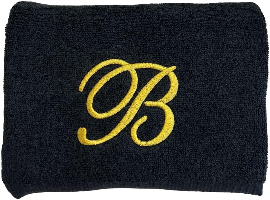 Black Monogrammed Hand Towels for Bathroom - Luxury Hotel Quality Personalized Initial Embroidered Towel for Powder Room, Spa - GOTS Organic Certified - Set of 2 Gold Letter S