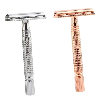 NOLITOY 2PCS Manual Metal Shaving Razor for Men Dual Edge Beard Shaver in Rose Gold and Silver Portable Safety Cutter for Face Legs Hair Professional Barber and Travel Use