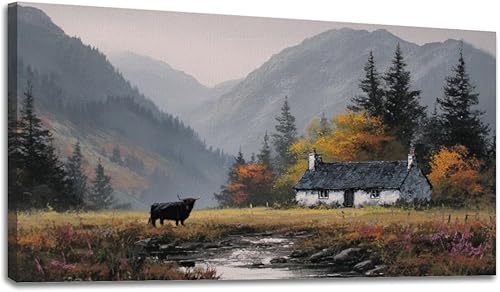 Miniatura 42 de 24"x 48" Fall Canvas Wall Art Highland Cow Rustic Vintage Forest Landscape Farmhouse Autumn Framed Pictures Painting Print Large Wall Art for Living