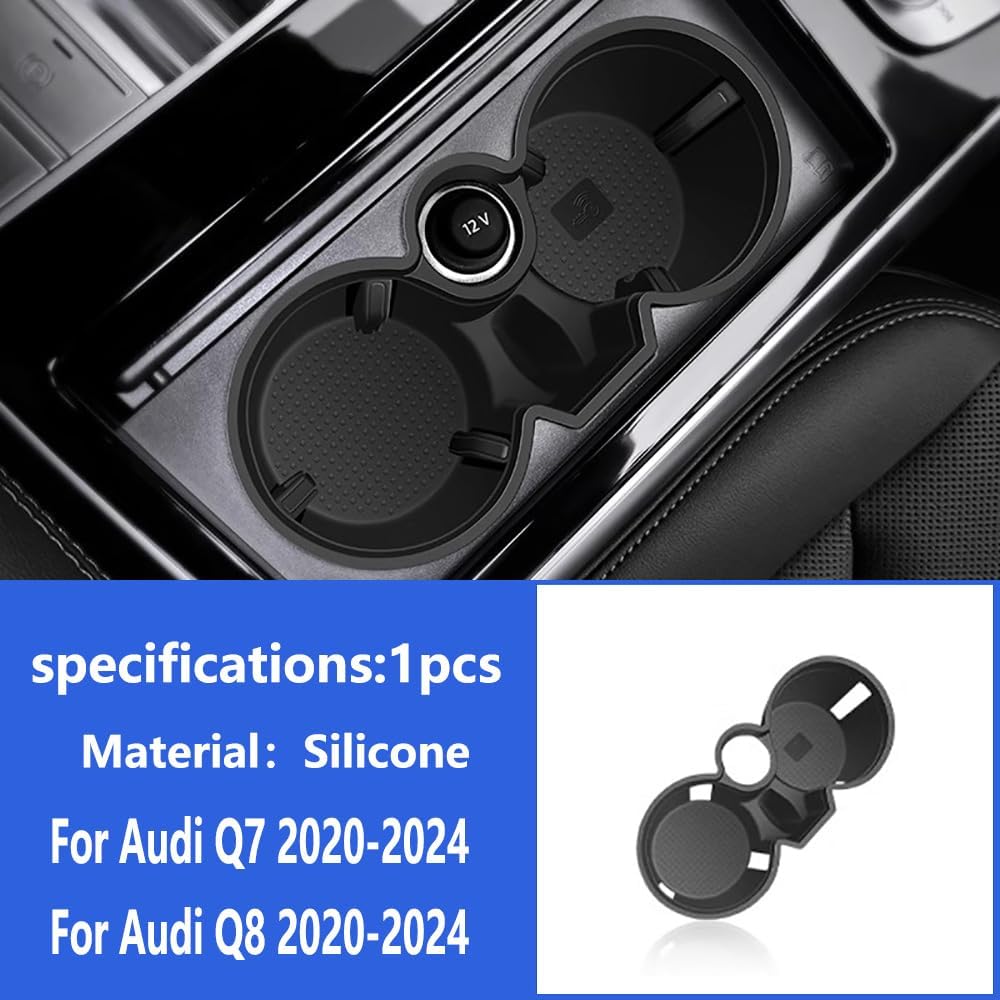 Car Center Console Water Cup Holder Storage Box Container Tray Organizer Soft Silicone Insert Storage Box Trim for Audi Q7 Q8 2020-2024 Automotive Interior Accessories (Black)