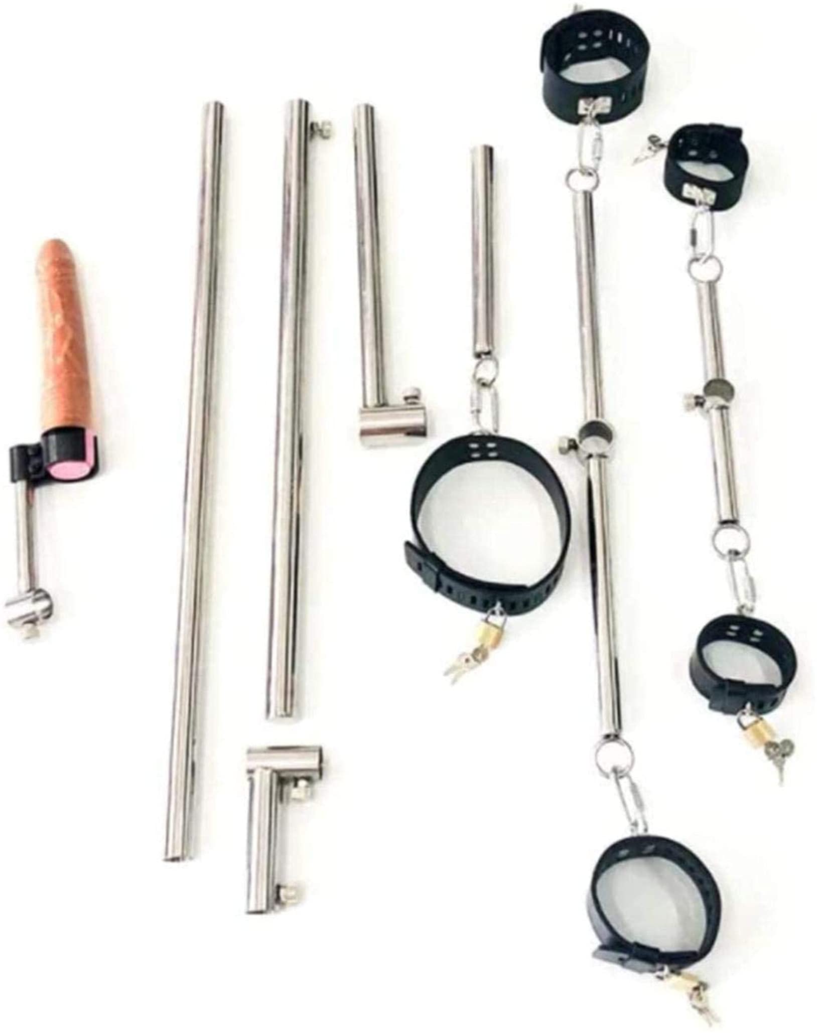 Metall SM Extrem Bondage Set mit Verstellbarer Handschellen/Handfesseln Fußfesseln Neck Collar/Halsband und Analdildo Vibratoren Edelstahl Bodenpranger Spreizstange für Paare