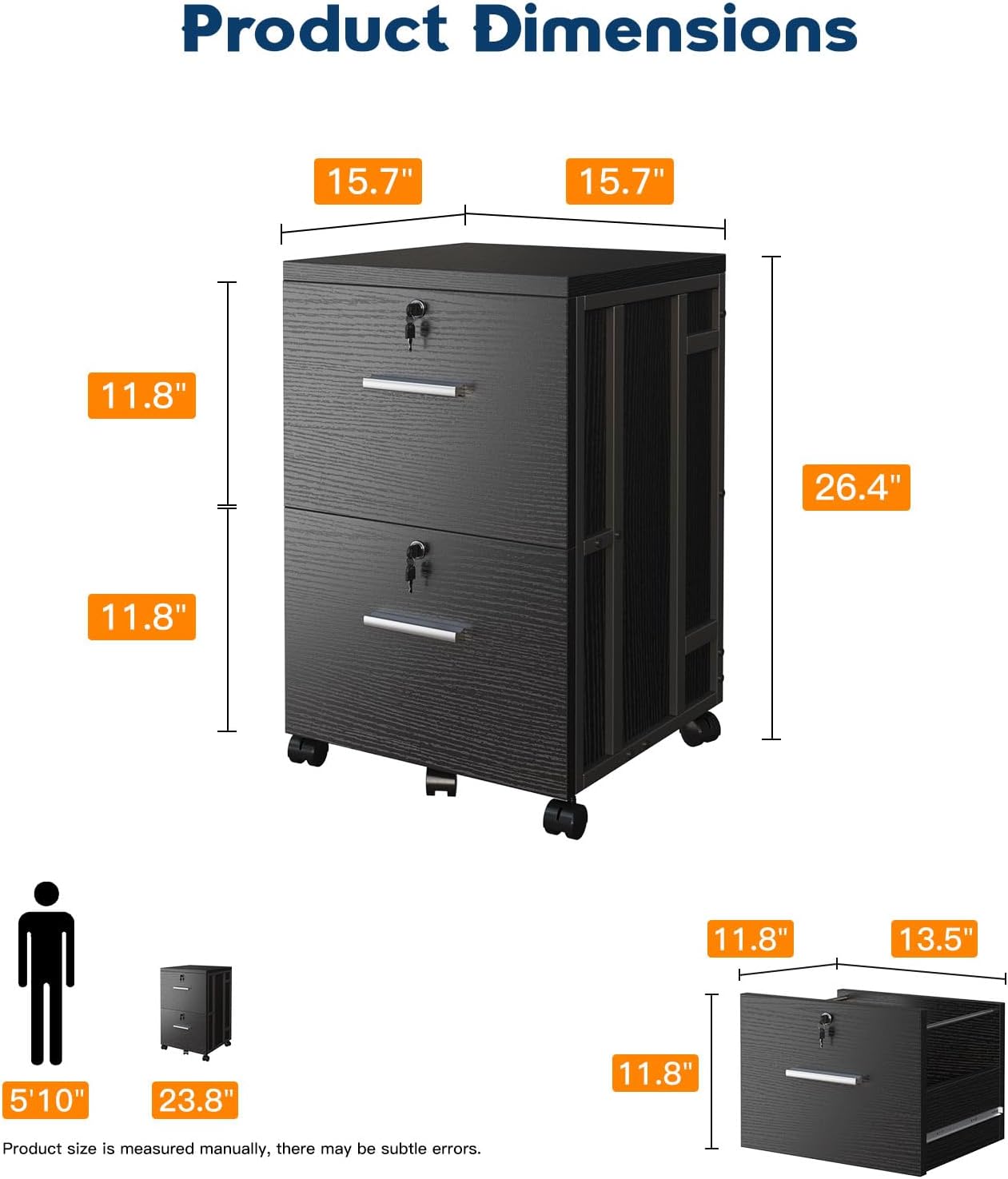 Diagram showing the dimensions of the AODK Mobile 2-Drawer Filing Cabinet: 15.7 inches deep, 15.7 inches wide, and 26.4 inches high.