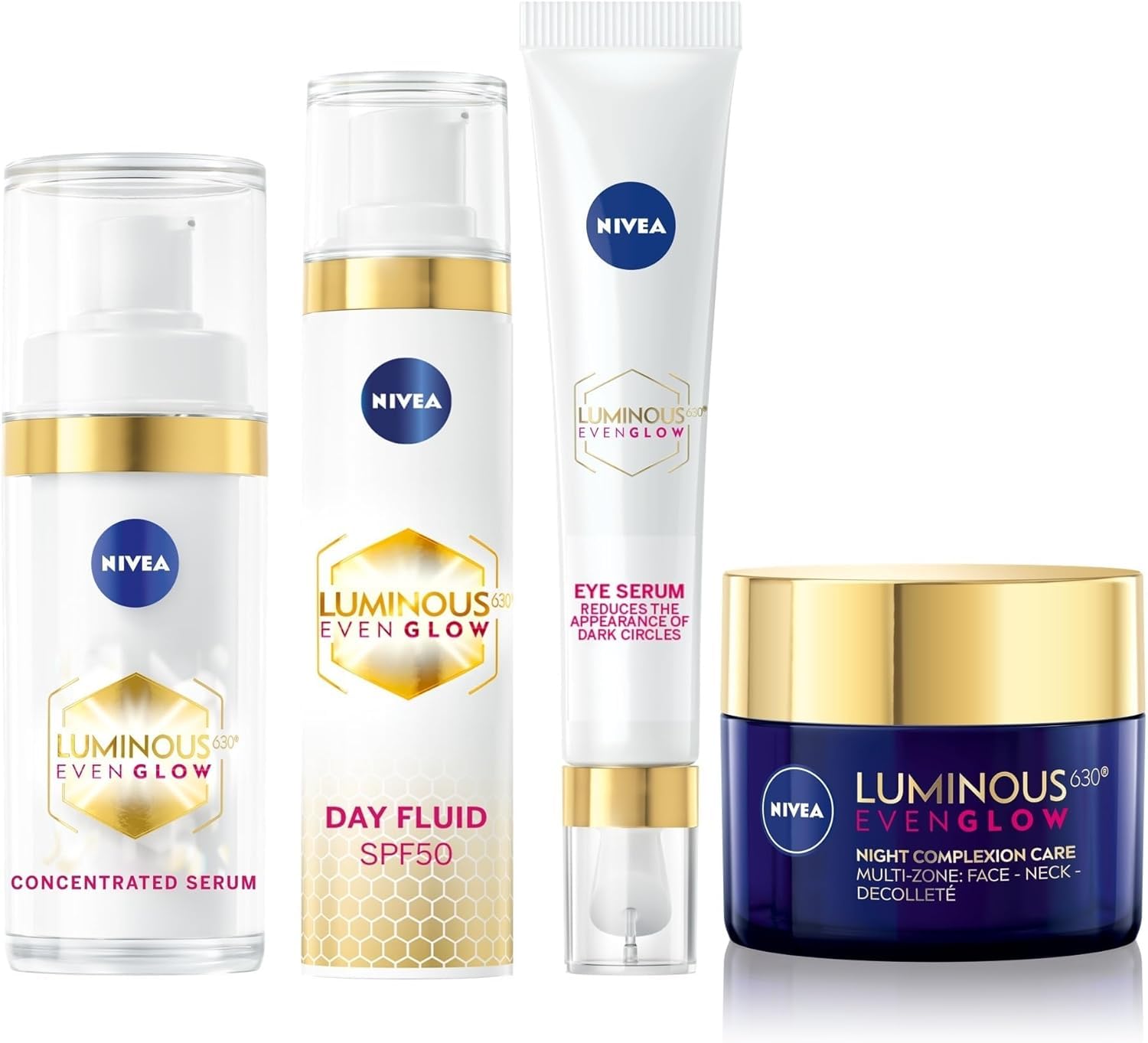 NIVEA LUMINOUS 630 EVEN GLOW Bundle: Face Fluid SPF 50, UVA & UVB Sun Protection, 40ml + Concentrated Face Serum, 30ml + Night Face Cream, 50ml + Anti Dark Circles & Puffy Eyes Serum, 15ml