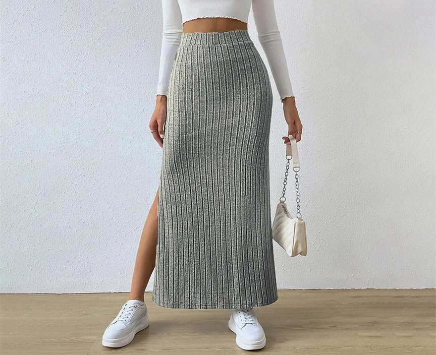 Women Slim Knit Midi Skirts Solid Vintage Elastic Waist Skirt Casual Pencil Skirt2