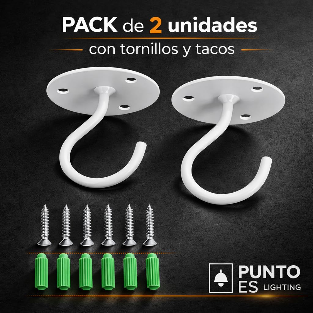 Gancho Techo y Pared Exterior Blanco, Pack 2 Unidades – Soporte para Colgar Plantas, Farolillos y Decoración, Acero Pintado con Tornillos y Tacos Incluidos