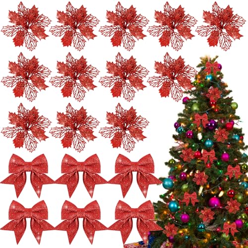 BOFUNX 12 Stück Glitzer Weihnachtsstern Blumen mit 6 Stück Glitzer...