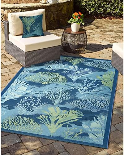 Liora Manne Marina Indoor/Outdoor Power Loomed Easy Care Pillow - Transitional Graphic Botanical Beach Colorful (Coral Garden Lapis) (18" x 18")