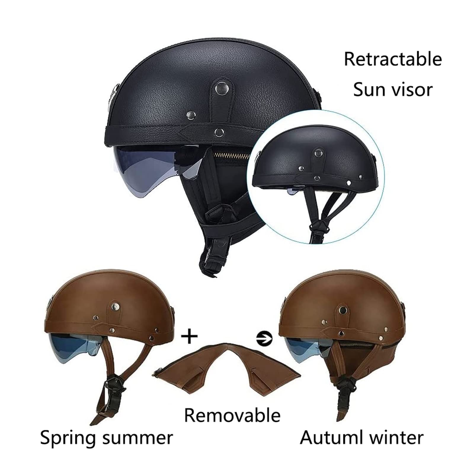 BGMKE Caschi Moto Aperto Vintage in Pelle Casco Demi Jet ECE Certificato retrò Casco Mezzo Motociclo Scodella con Occhiali Casco Ciclomotore per Donna E Uomo Casco Jet Scooter Street