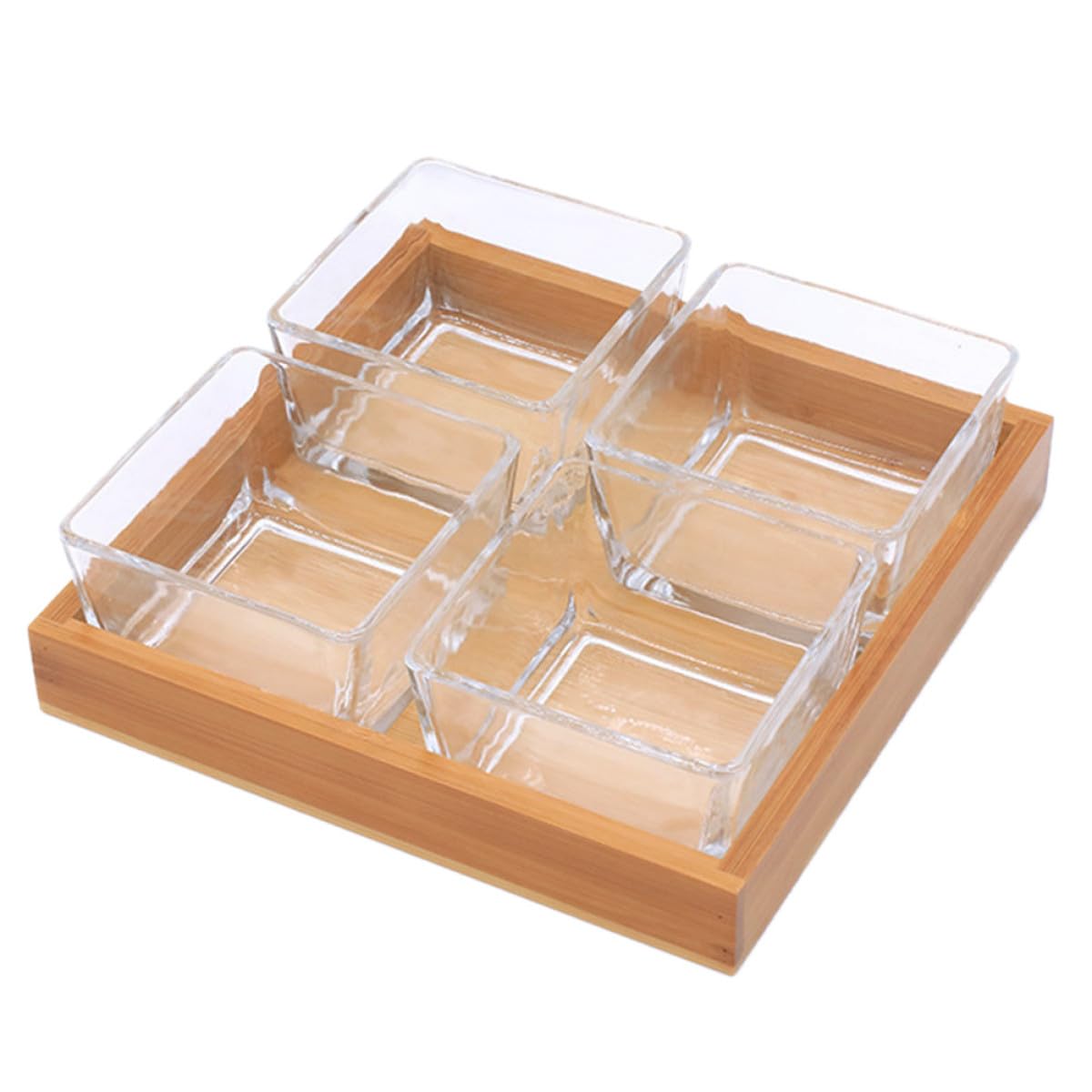 SUPVOX Plateau de Fruits Sec en Verre Compartimenté 4 Cases sans Couvercle, Support en Bois Inclus, Plateau Multifonctions pour Collations et Apéritifs, Assiette à Noix Couleur Aléatoire