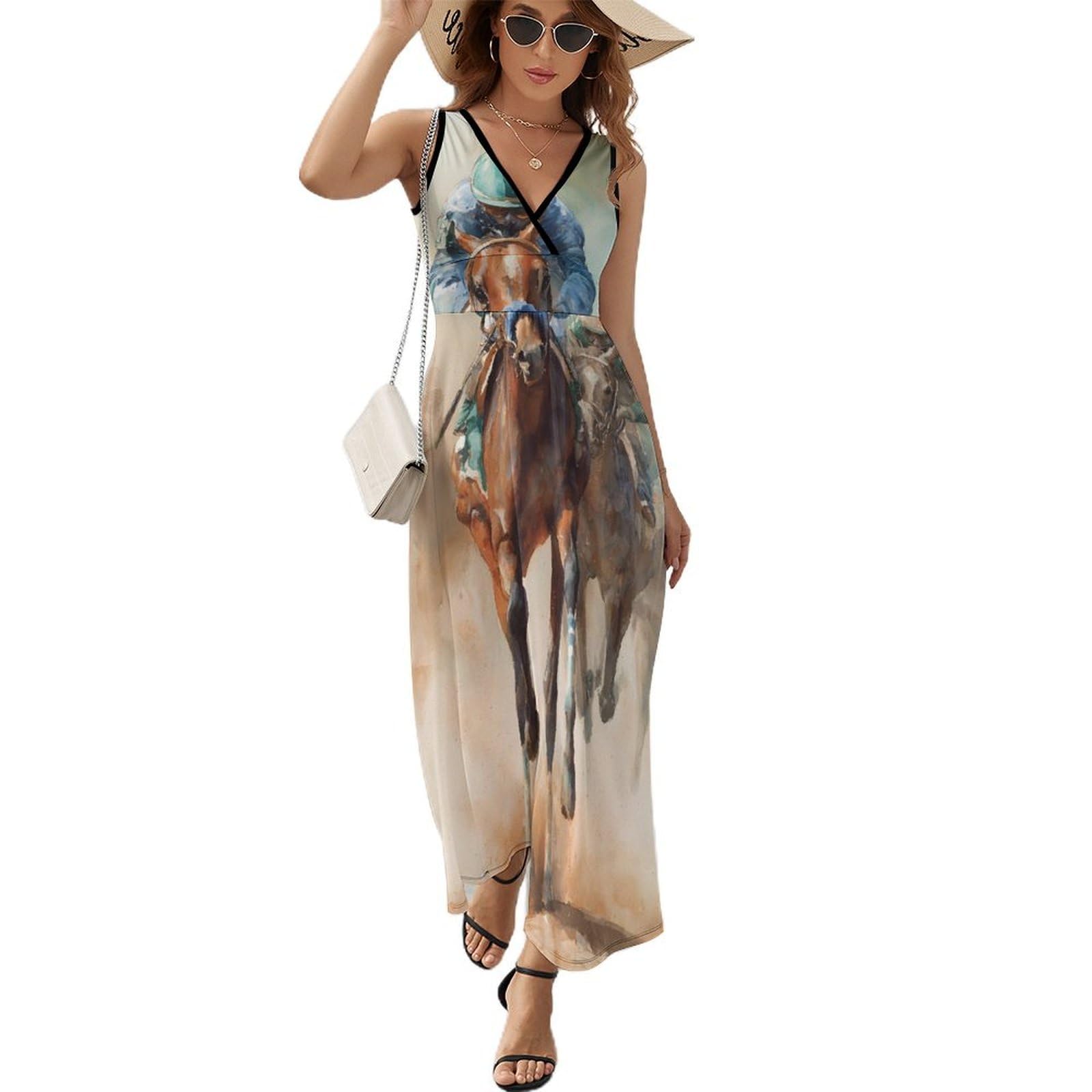 Watercolor Horse Racing Women's Summer Sleeveless Tank Dresses 5X-Large