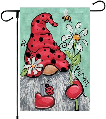 CROWNED BEAUTY CF1400-12 - Bandera de jardín de gnomo de primavera, 12 x 18 pulgadas, doble cara, pequeña de arpillera, margaritas, bandera de