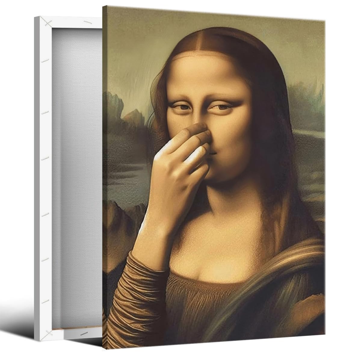 perasi Humor Mona Lisa Bathroom Canvas Wall Art Funny Mona Lisa Pinching Nose Poster Amusing Fine Art Oil