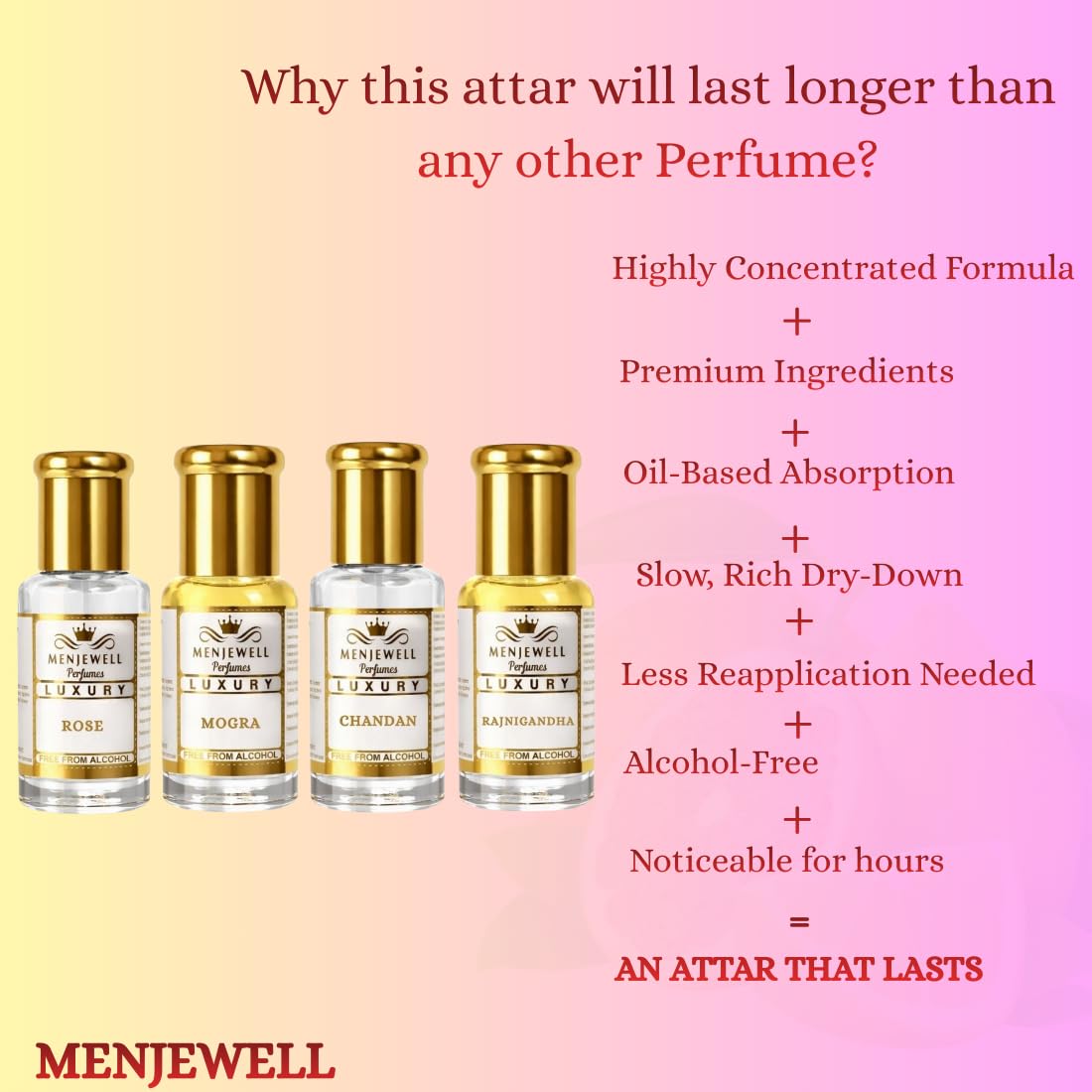 Menjewell Rose Fresh, Chandan-E-Khaas, Royal Mogra & Rajnigandha Perfume Floral Attar, 6 Ml (Pack Of 4)