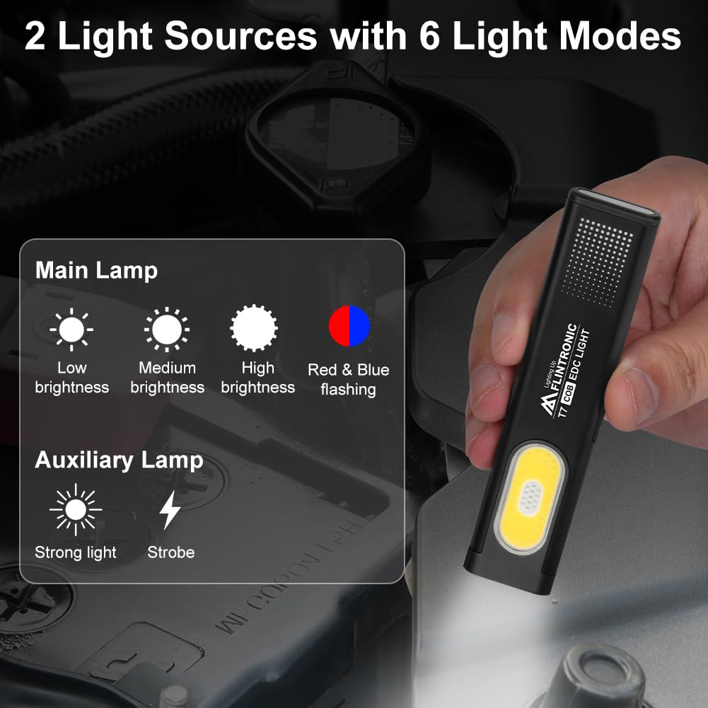 flintronic Lampa robocza LED, mini latarka, typ C, lampa robocza z możliwością ponownego ładowania, lampa kontrolna COB z magnesem i klipsem, 6 trybów jasności, na kemping, wędrówki, do domu