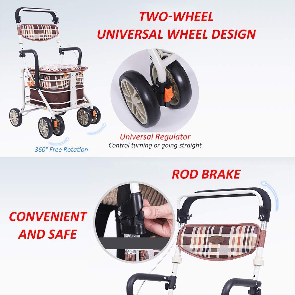 Andador con Ruedas Plegable Ligero de aleación de Aluminio de 4 Ruedas con Asiento y Freno extraíbles, Altura Ajustable