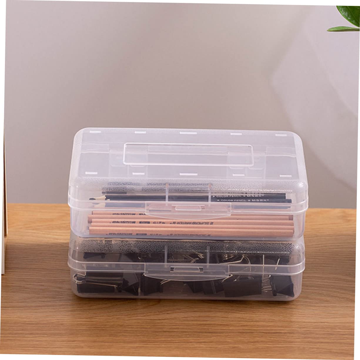 Set 6 Astucci Trasparenti per Penne in Plastica Coperchio Rapido, Organizer Portapenne Impilabile per Studenti e Insegnanti, Contenitori per Cancelleria da Scrivania e Scuola