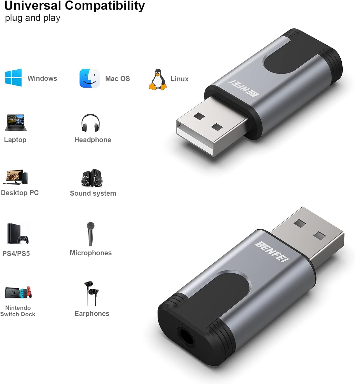 BENFEI USB to Audio Jack Adapter, External Sound Card Jack Audio Adapter with 3.5mm Aux Stereo Converter Compatible with Headset,PC, Laptop, Linux, Desktops, PS4 and More Device