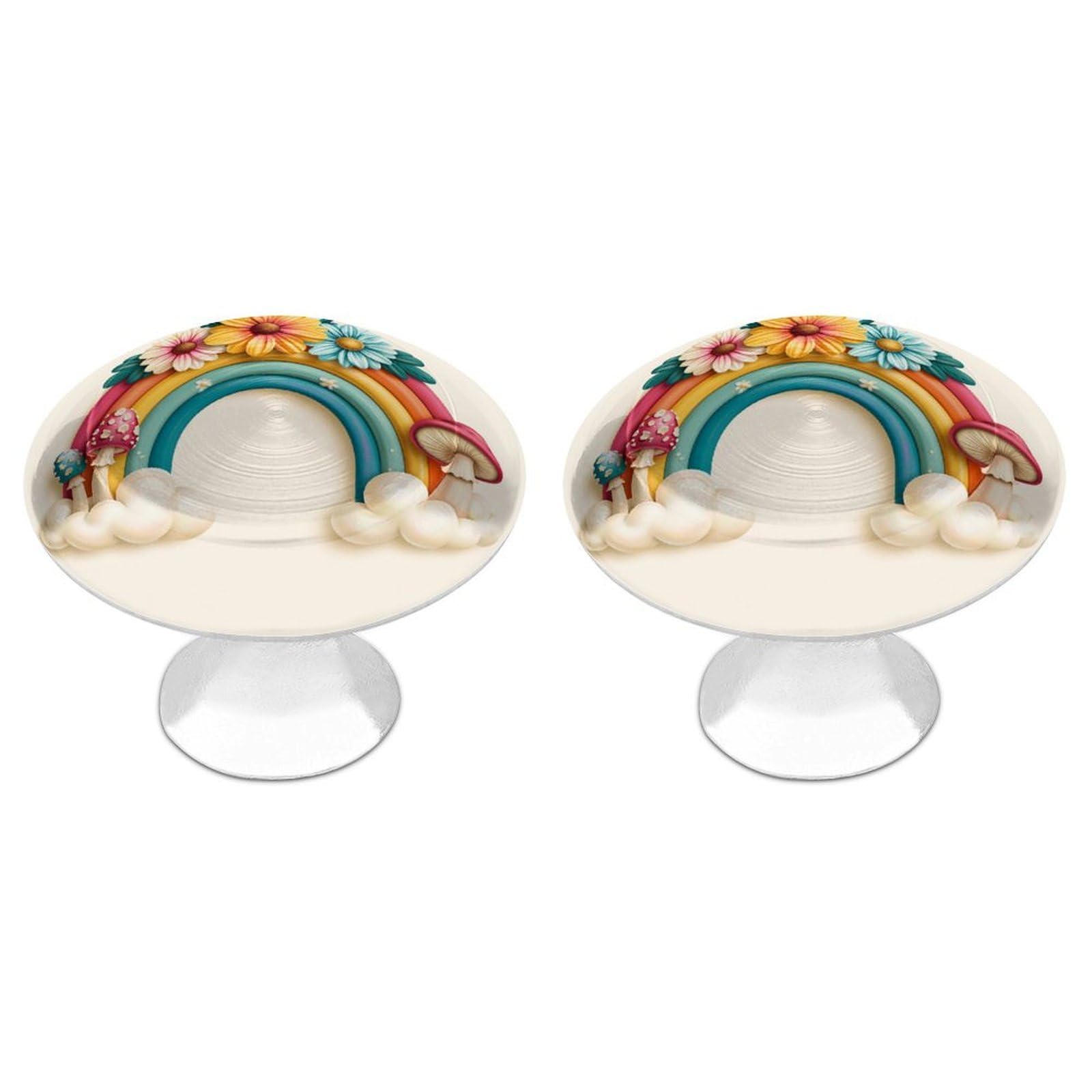 Jubonexis Retro Rainbow with Daisies and Mushrooms Round Drawer Cabinet Knobs Handles with Screws,2 Pcs, Drawer Dresser Knob Pulls Decor for Wardrobe Cupboard Home Office Kitchen
