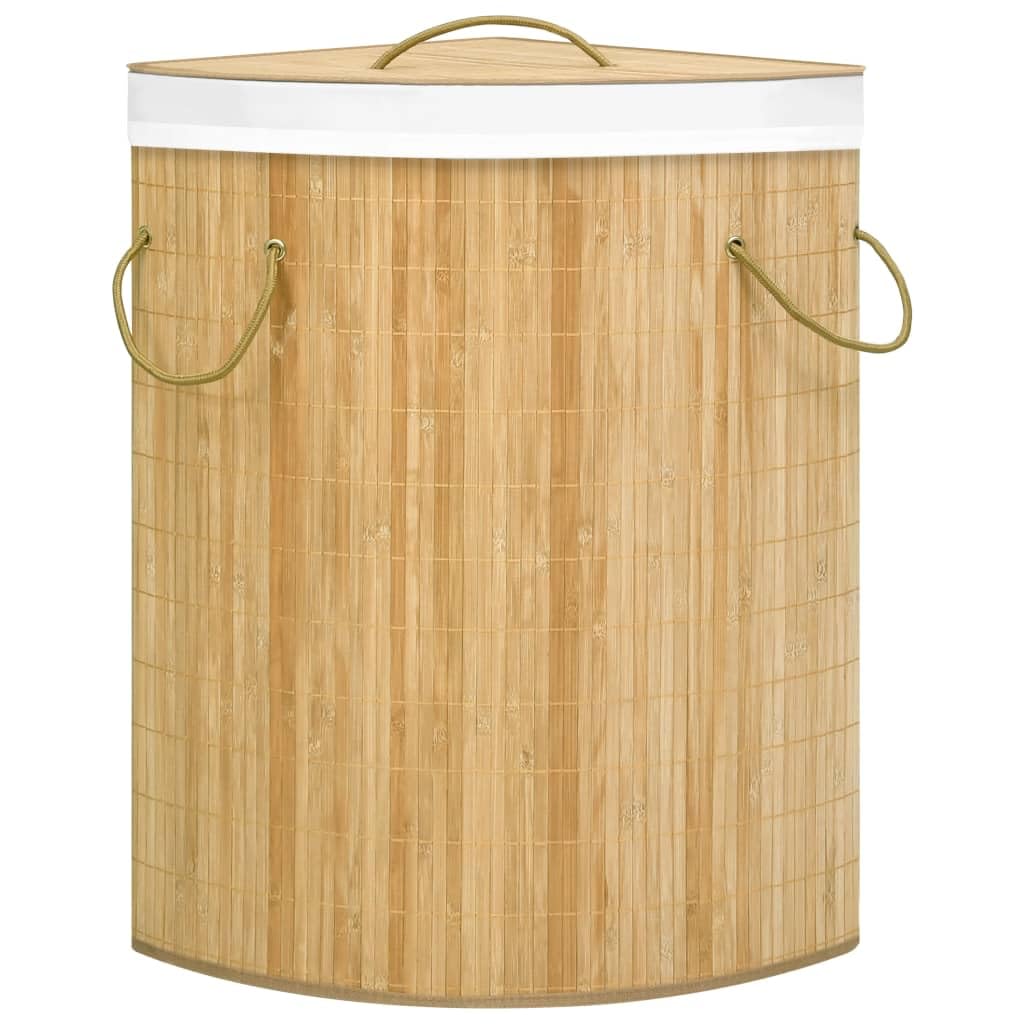 Cesto para la colada esquinera de bambú de 60 L con bolsa interior extraíble, plegable y ahorra espacio, para baño, dormitorio, lavandería, asa estable, cesta de lavandería versátil y cesta de