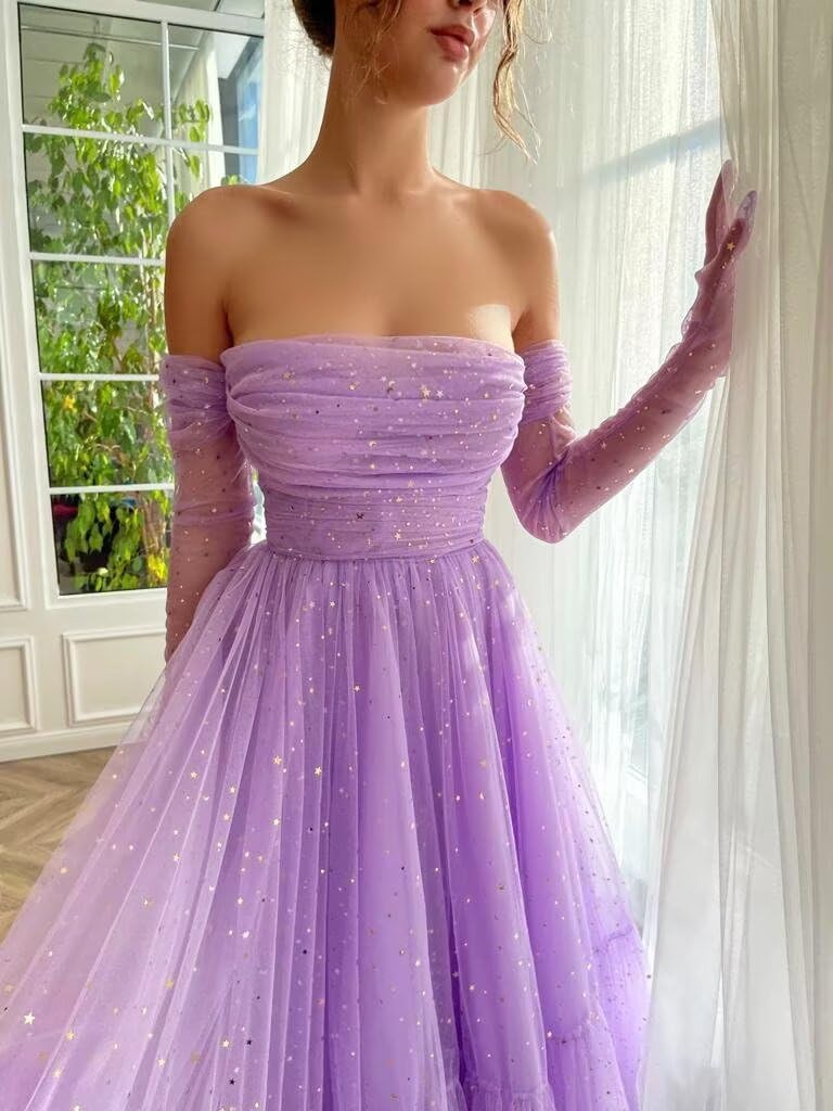 Zepumen Sparkly Starry Tulle Prom Dress A Line Long Gloves Formal Evening Party Gown - Image 4