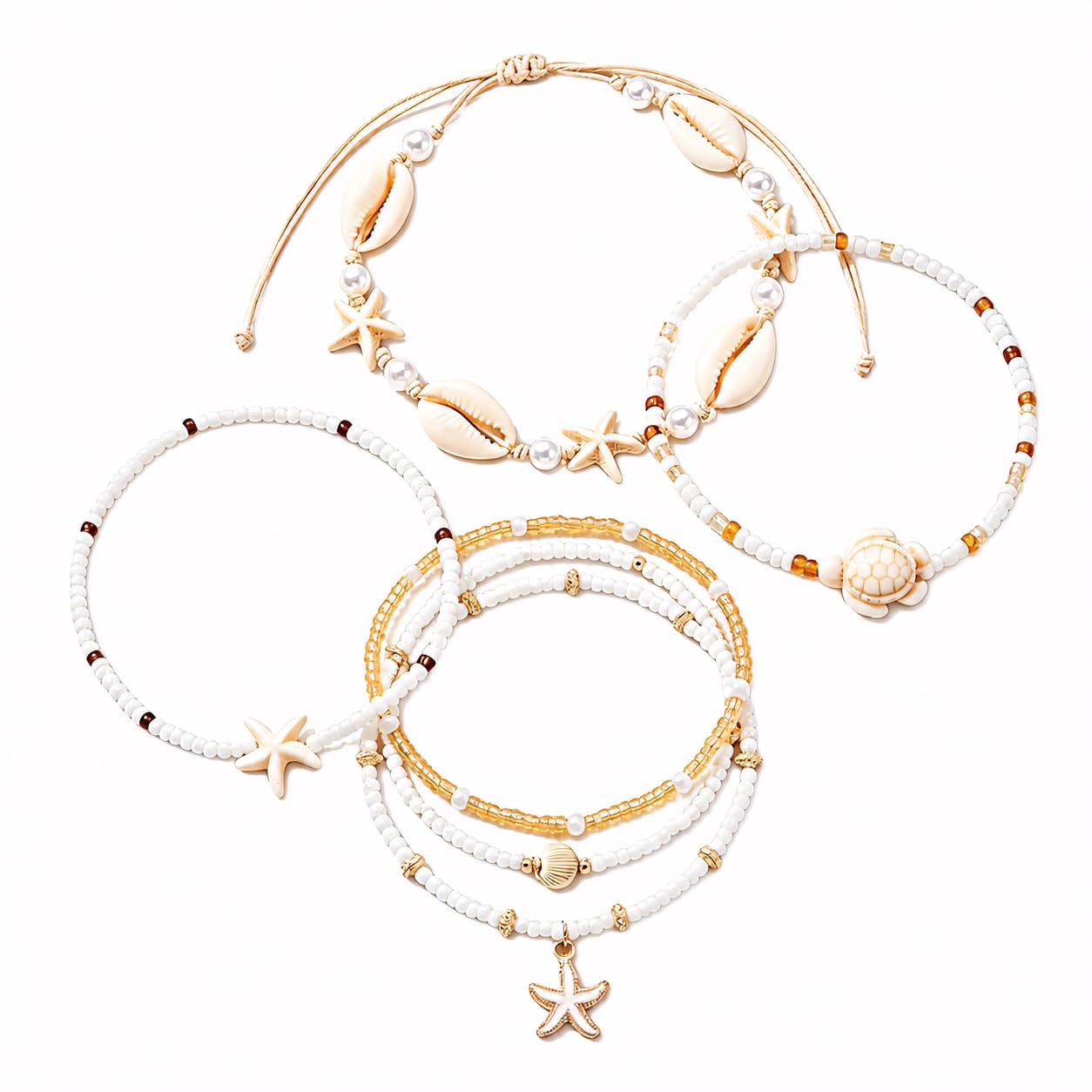 sannidhi 3Pcs Layered Boho Beach Anklet Set for Women, Multi Layer Alloy Anklets with Shell, Starfish & Turtle Charms, Adjustable Beaded Summer Anklet Bracelet Set-picture-20